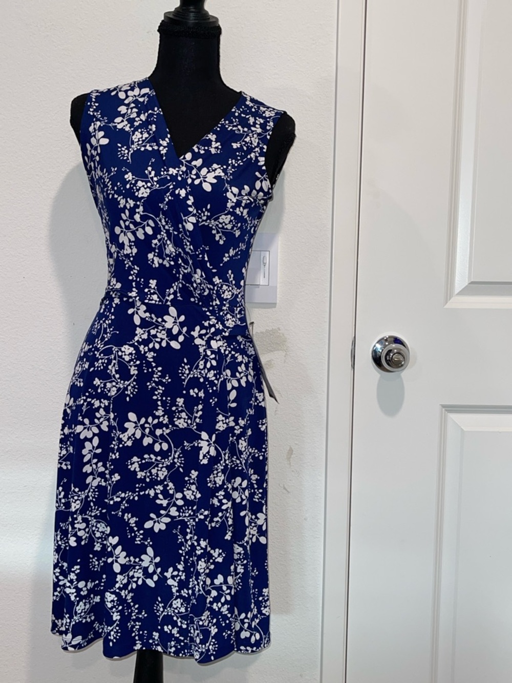 Sleeveless Navy Blue Floral Wrap Dress